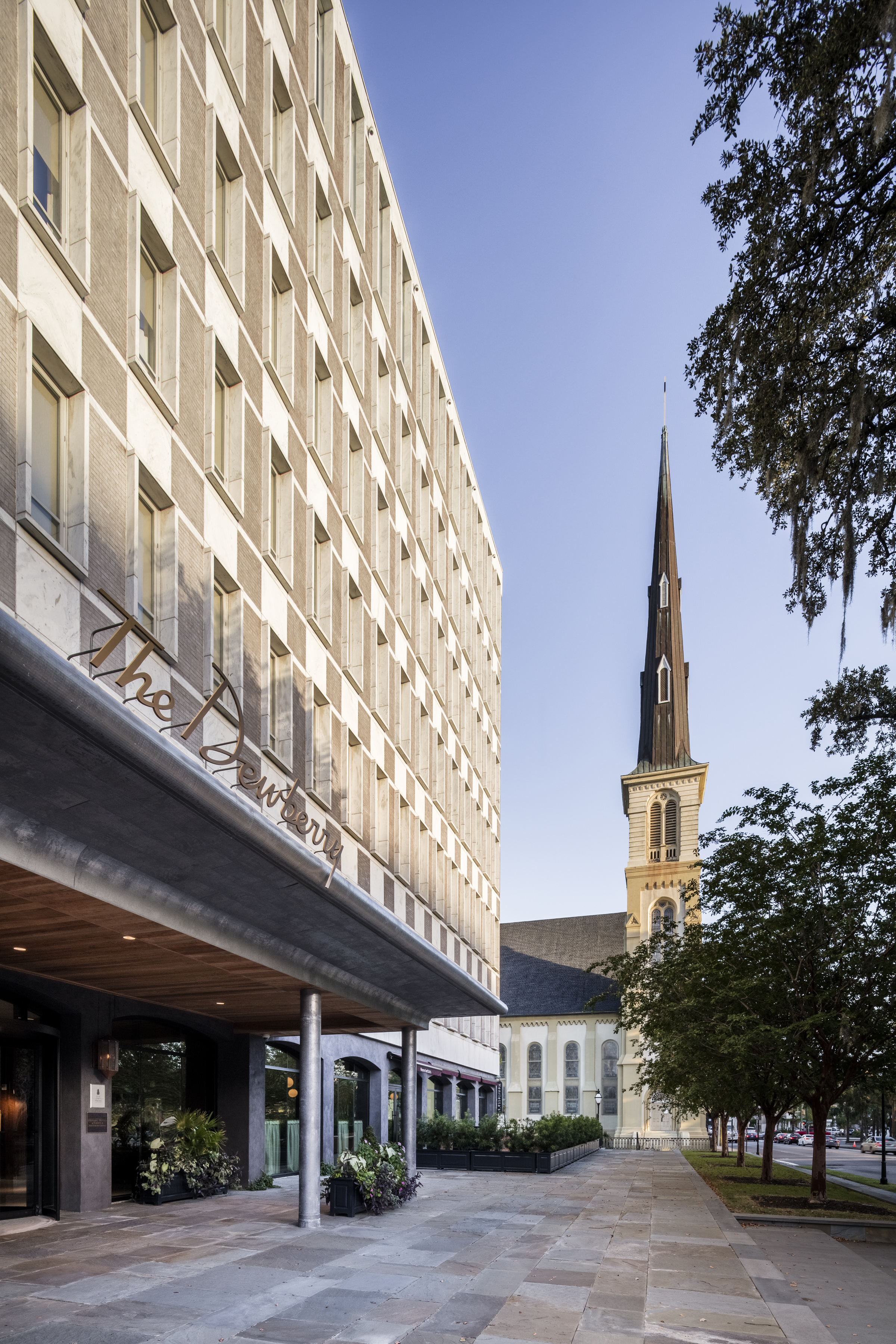 The Dewberry entrance on Meeting Street, with the Citadel Square Baptist Church steeple beyond